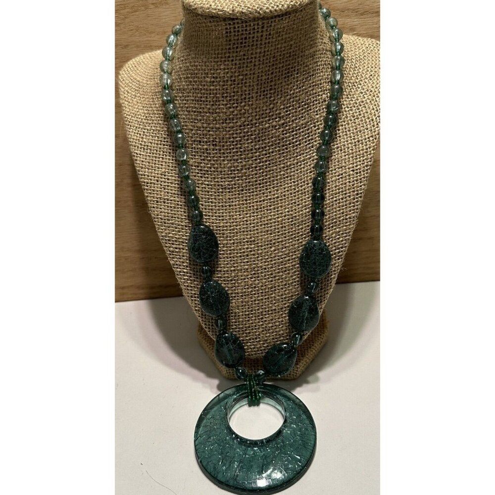 Green Round Crackle Resin Necklace Boho Statement 23-25” Glamour